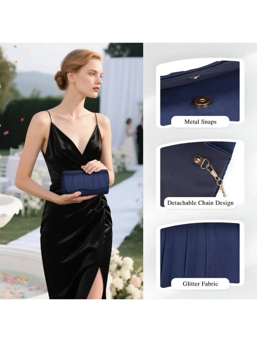 👜 Women's Navy Formal Elegant Evening Bag Magnetic Satin Formal Clutch Purses
